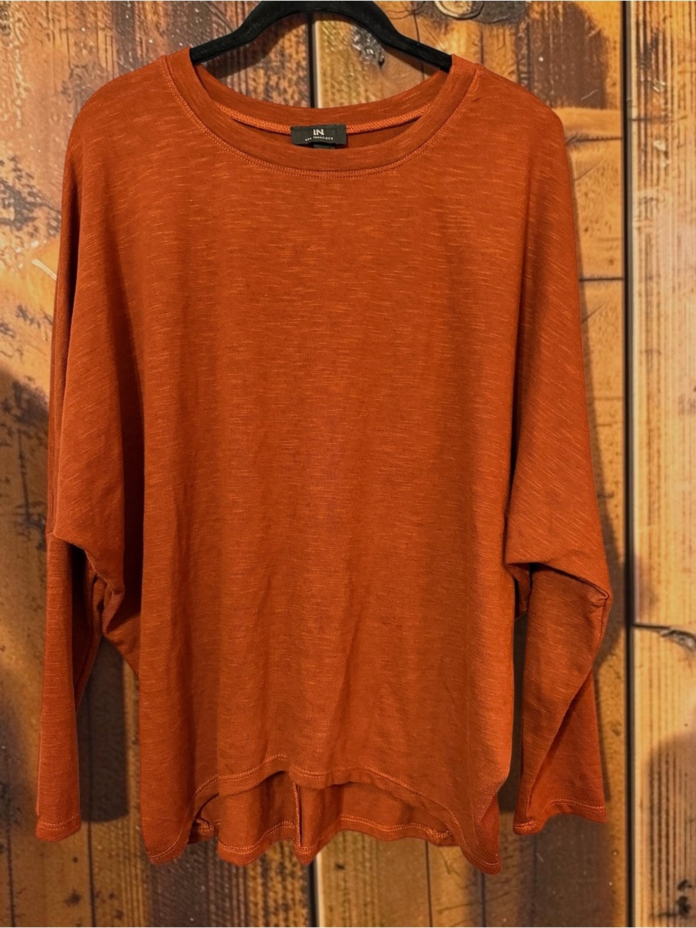 IN San Francisco Rust Slub Knit Top High Low Hem Long Sleeve Sz L